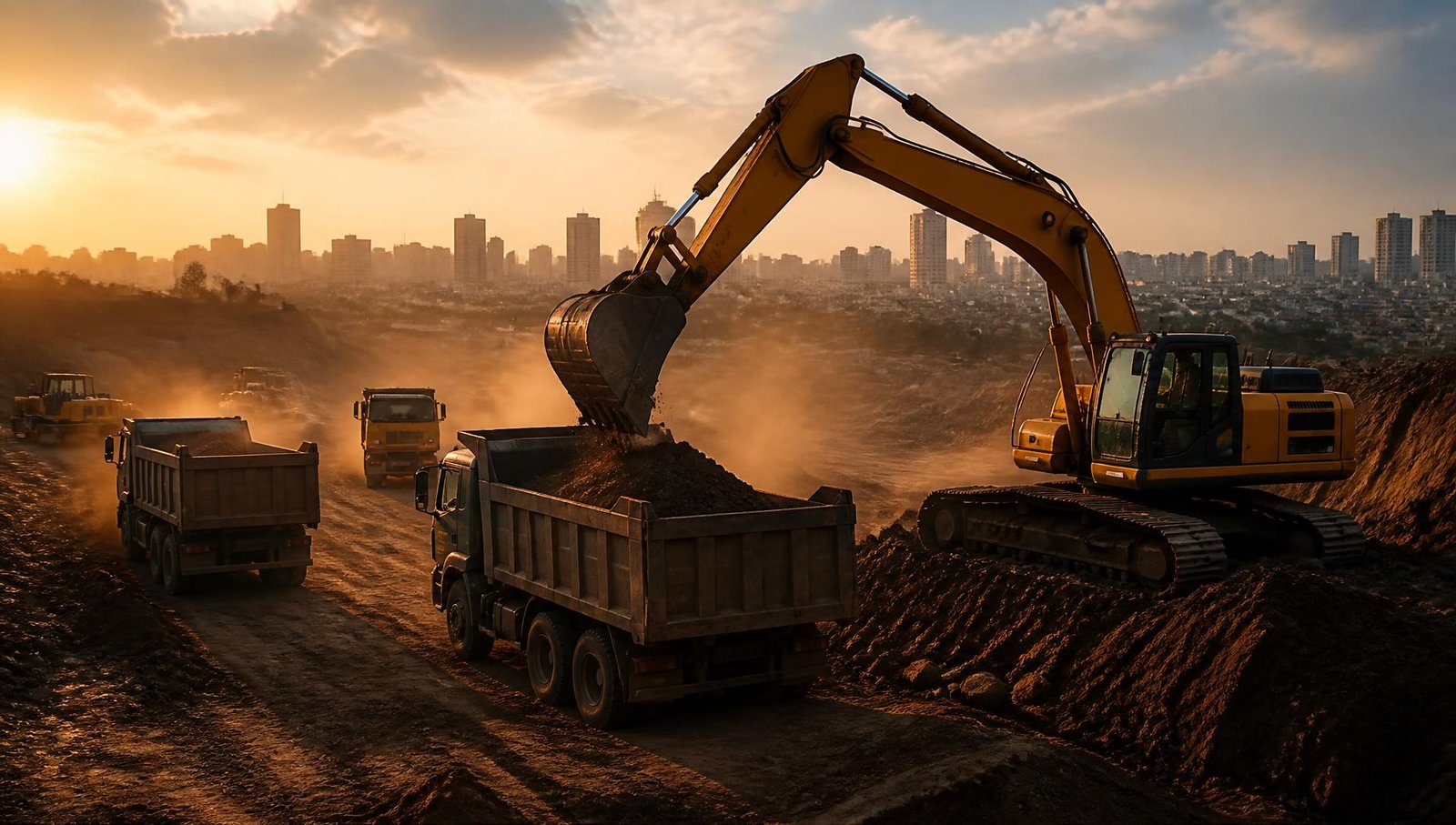 Escavadeira carregando caminhões basculantes em obra de terraplanagem